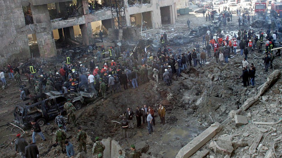 General view on the explosion scene in Beirut, Lebanon, Monday Feb. 14, 2005, where former Prime Minister Rafik Hariri was killed in a massive bomb explosion