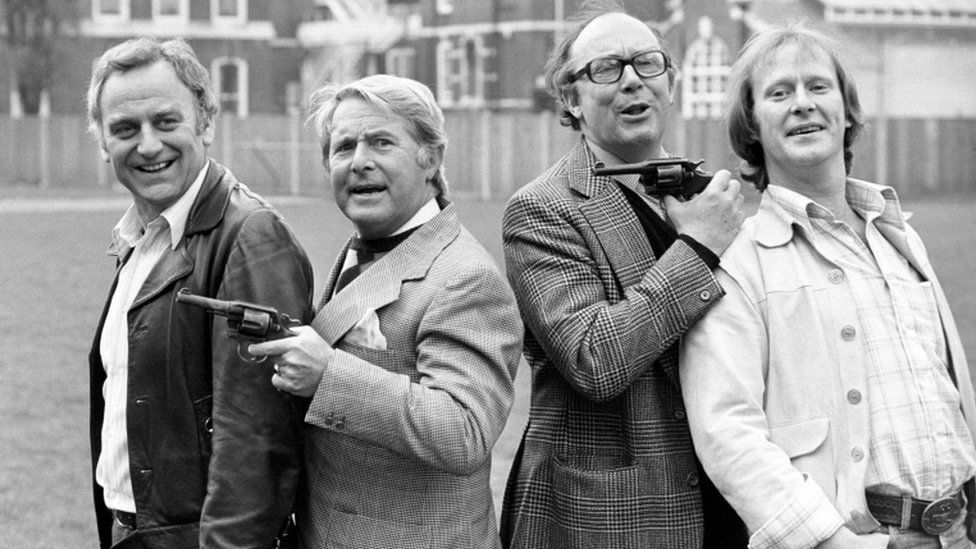John Thaw, Ernie Wise, Eric Morecambe and Dennis Waterman in London in 1978