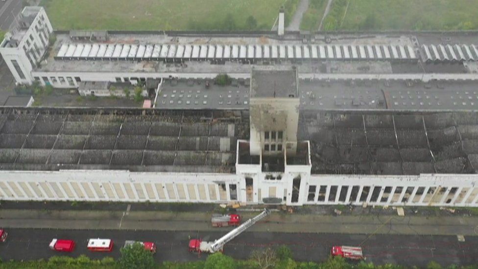 Drone footage of building after fire