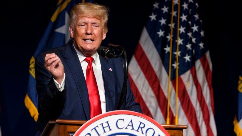 Former US President Donald Trump speaks at the North Carolina GOP Convention