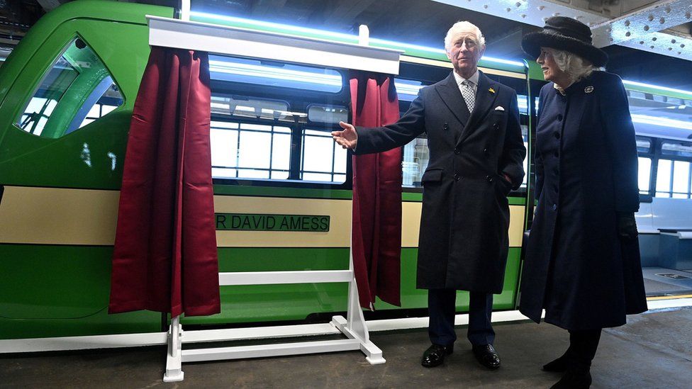 Prince Charles and Camilla, Duchess of Cornwall unveil a new eco train for Southend Pier named after Sir David Amess