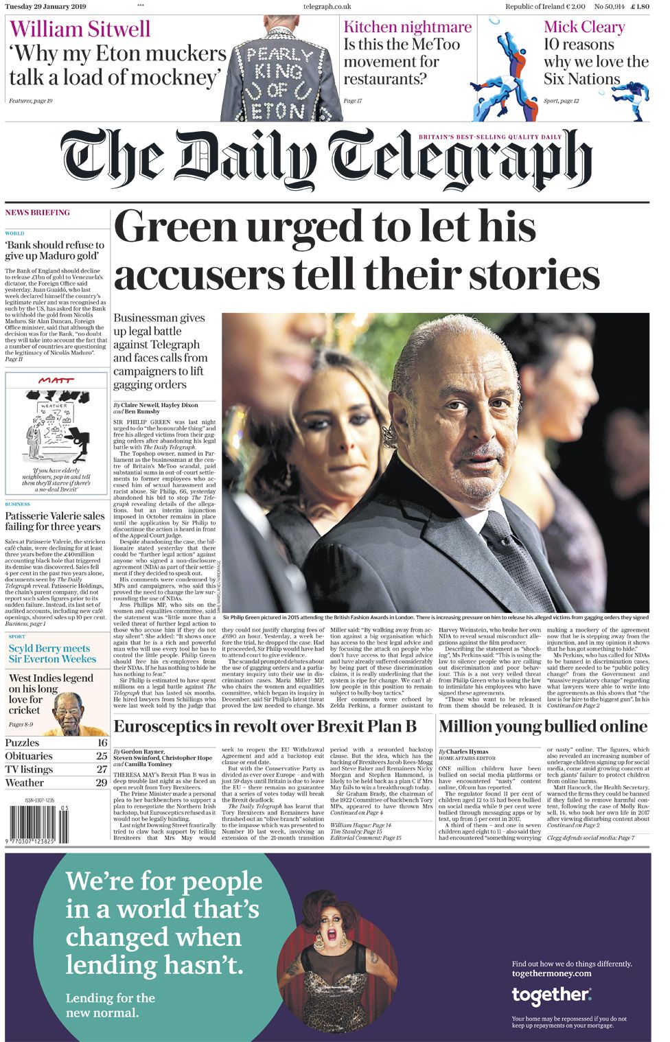 Daily Telegraph front page - 29/01/19