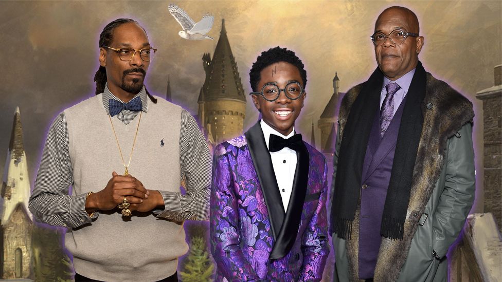 Snoop Dogg, Caleb McLaughlin and Samuel L Jackson in front of Hogwarts