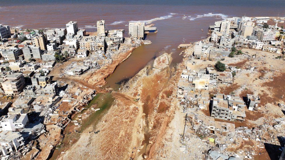 Aerial image of the mouth of the river showing the destruction.
