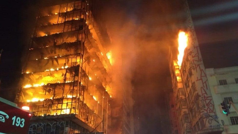 View of the building in Sao Paulo engulfed in flames