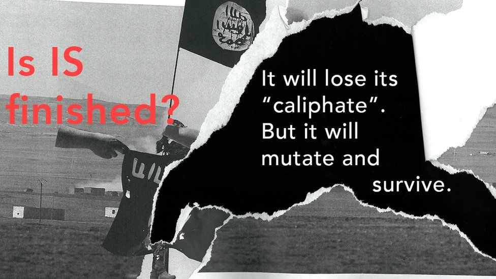 A graphic showing an Islamic State flag with the question Is IS finished?