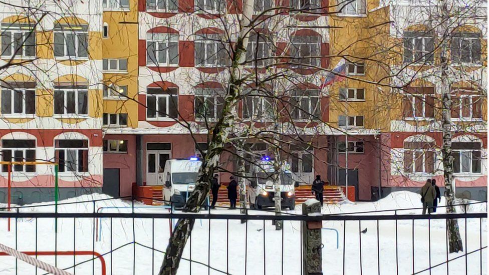 The scene after a shooting in western Russia on Thursday morning