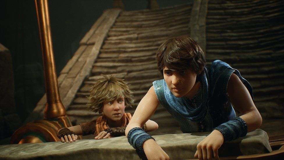 A teenage boy with black hair leans on some sort of concrete block as a younger, blonde boy looks on from a step or two behind in this computer-generated image. They both wear old-world clothes which appear to be made from a sack-like material, denoting a fantasy setting. Behind them a battered stone path leads off into darkness. The older boy's expression suggests exhaustion or concern.