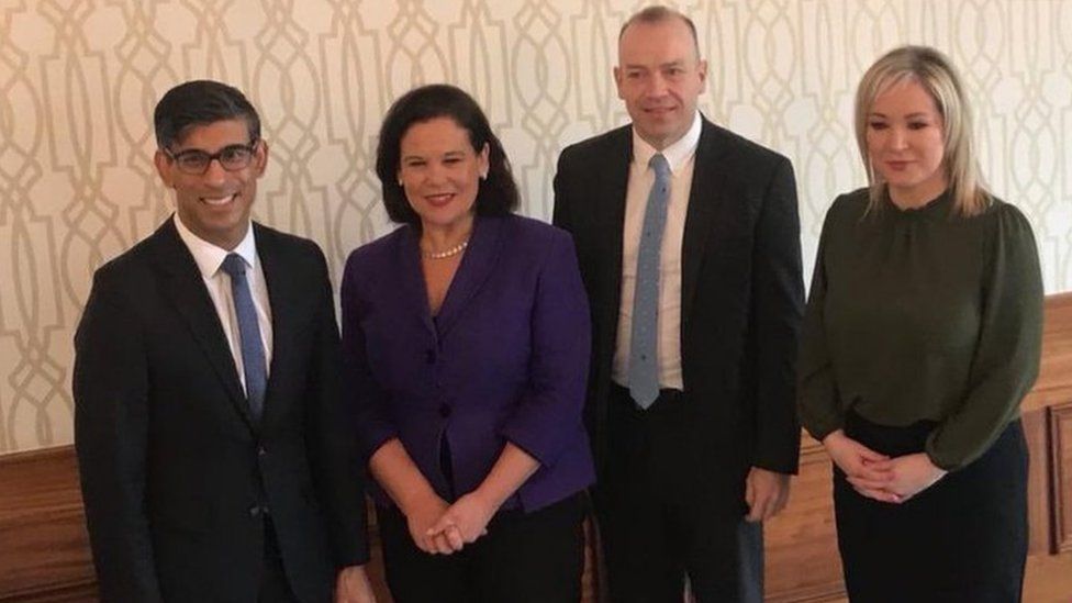 Rishi Sunak, Mary Lou McDonald, Chris Heaton-Harris and Michelle O'Neill