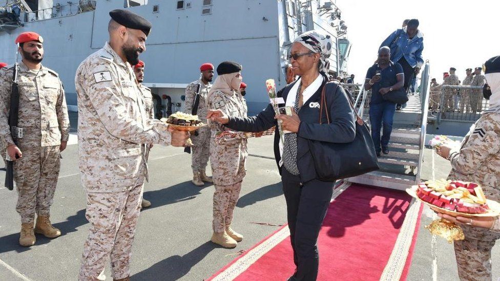 Citizens of Saudi Arabia and people from other nationalities are welcomed by Saudi Royal Navy officials as they arrive at Jeddah Sea Port after being evacuated through Saudi Navy Ship from Sudan to escape the conflicts, Jeddah, Saudi Arabia, April 22, 2023