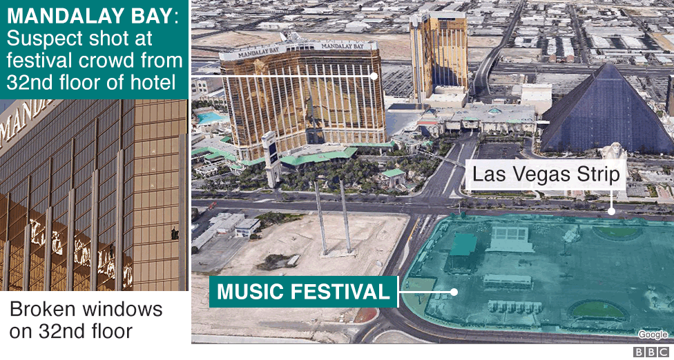 Las Vegas city map showing location of hotel from where gunman shot at least 50 people dead at a country music concert, 2 October 2017