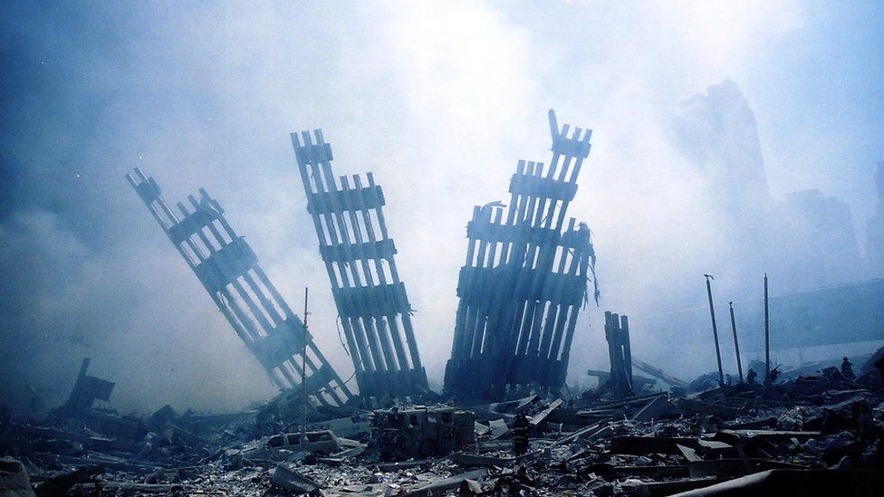 The ruins of one the Twin Towers smouldering on September 11, 2001