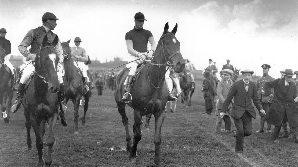 The Prince of Wales, later King Edward VIII, at the Melton Hunt steeplechase riding 'Klinlank'.