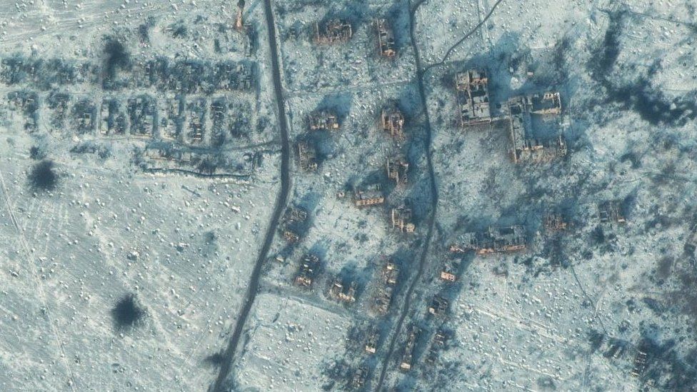 A satellite view shows a destroyed school and buildings in south Soledar, Ukraine, January 10, 2023