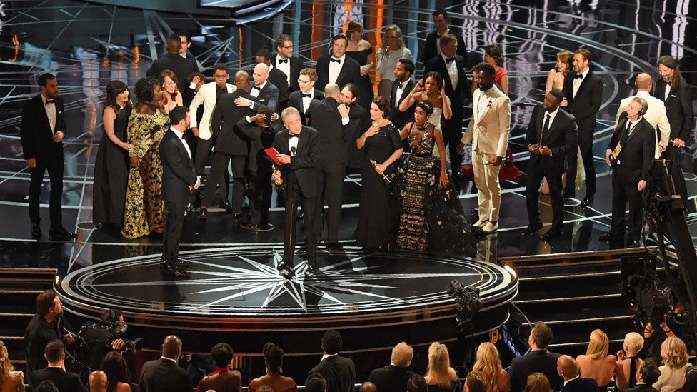 The scene at the 2017 Academy Awards after the wrong best picture winner was read out