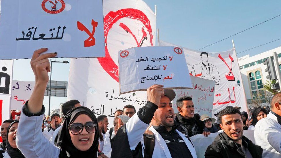 Moroccan public school teachers take part in a demonstration in the capital Rabat on 20 February 2019