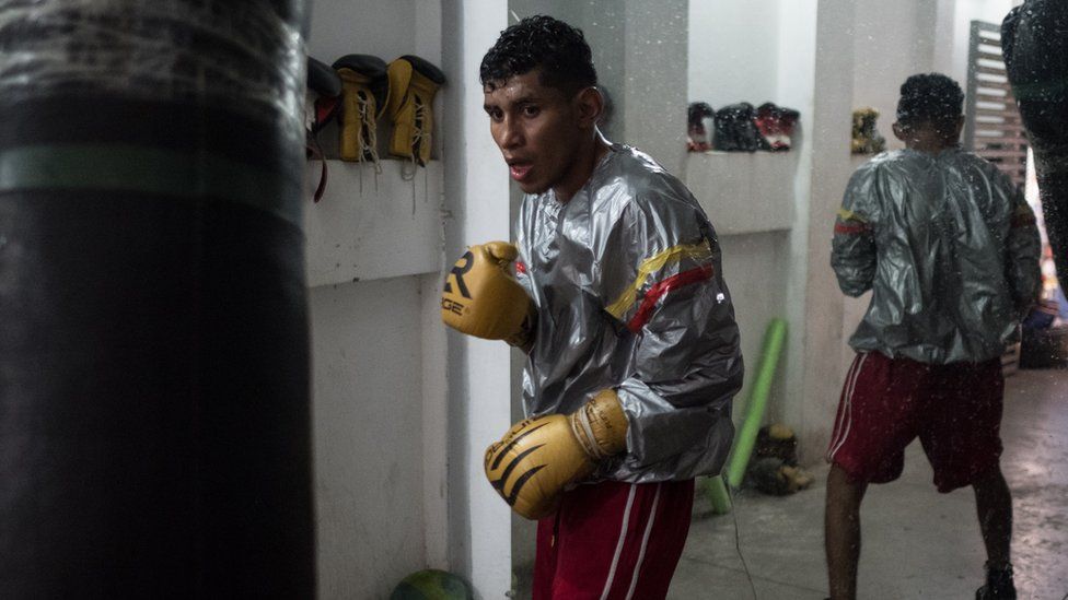 Nicaraguan boxer Ramiro Blanco trains with a punchbag