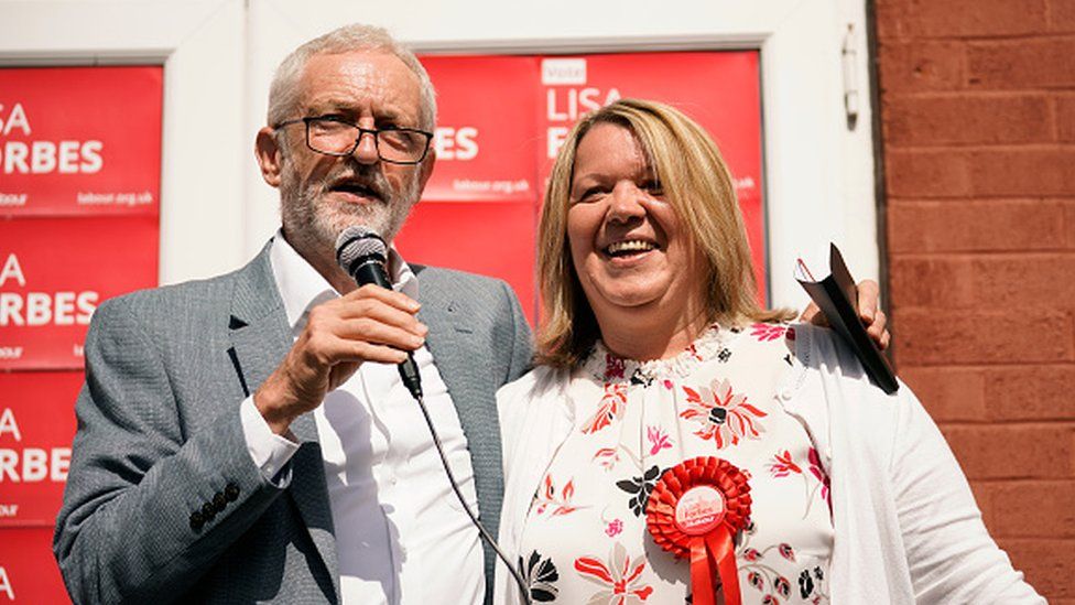 Former Labour leader Jeremy Corbyn and former Labour MP Lisa Forbes