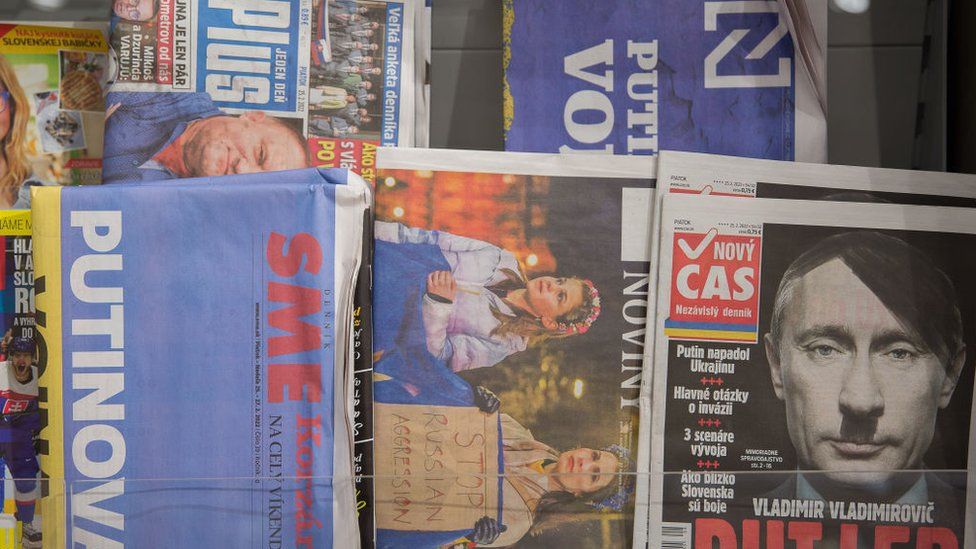 A general view of the newspapers displayed in the gas station on February 25, 2022 in Snina, Slovakia. On February 24, 2022 Russia began a large-scale attack on Ukraine