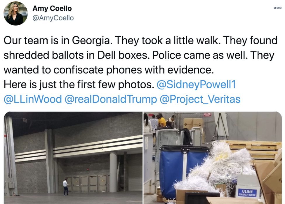 Tweets reads: Our team is in Georgia. They took a little walk. They found shredded ballots in Dell boxes. Police came as well. They wanted to confiscate phones with evidence. Photo shows shredded papers inside a warehouse
