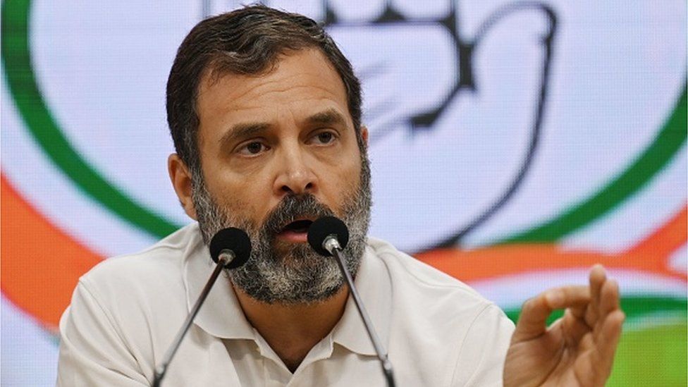 Congress party leader Rahul Gandhi gestures as he speaks during a press conference in New Delhi on March 25, 2023, after being disqualified as a member of parliament.