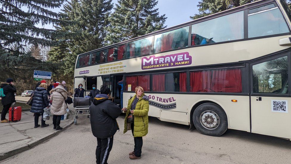 One of the buses taking people out of Ukraine