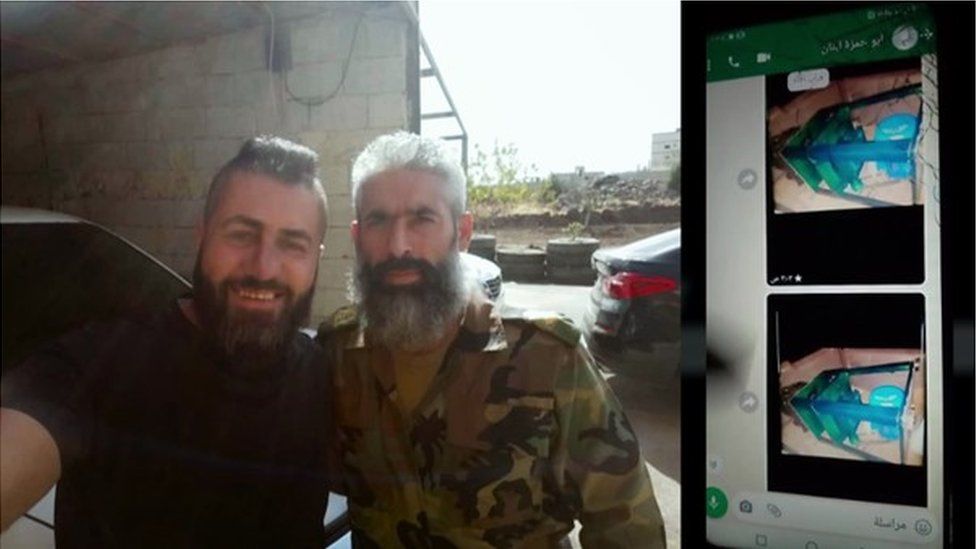Zusammengesetztes Bild von Raji Falhout (links) und Abu Hamza und ein Bild von WhatsApp-Nachrichten zwischen ihnen, die auf Raji Falhouts Telefon gefunden wurden