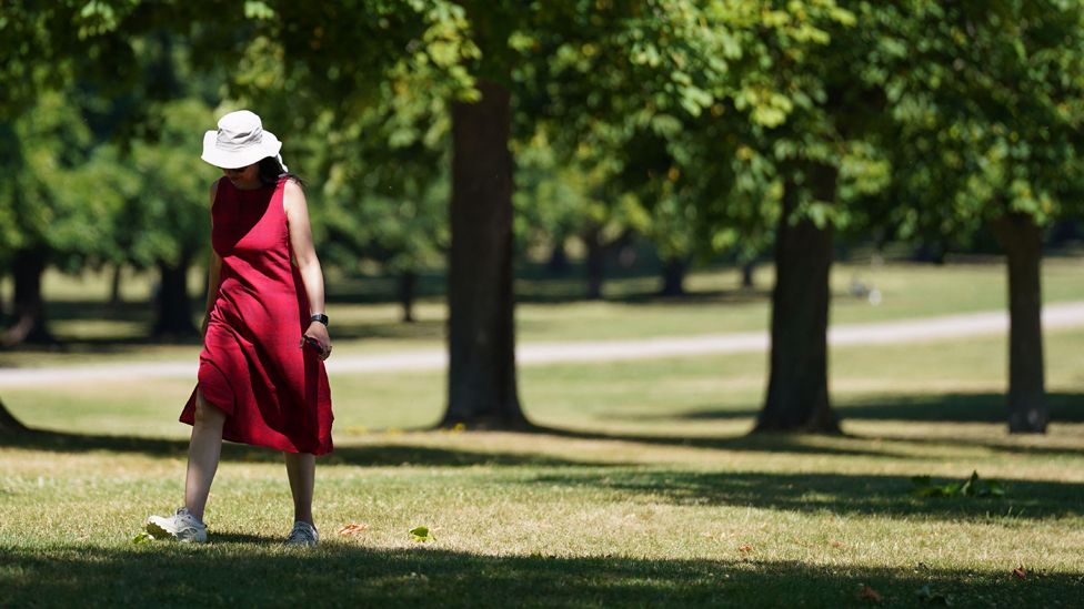 A woman in a red dress and sun hat walks by some trees