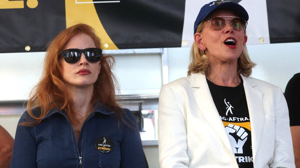 Actors Jessica Chastain and Christine Baranski attend a SAG-AFTRA actors strike rally in Times Square in Manhattan in New York City, New York, U.S., July 25, 2023