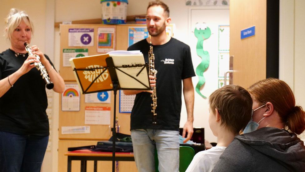 Britten Sinfonia oboists playing on the paediatric oncology ward at Addenbrooke's Hospital,Cambridge