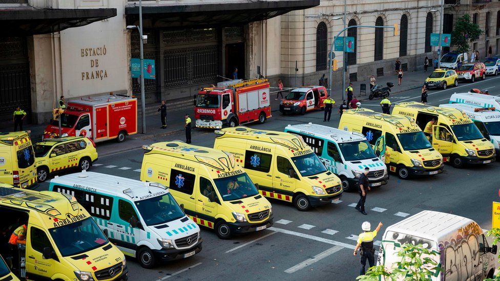 Emergency vehicles are parked in front of Francia station in central Barcelona on 28 July 2017 after a regional train hit the buffers inside the station