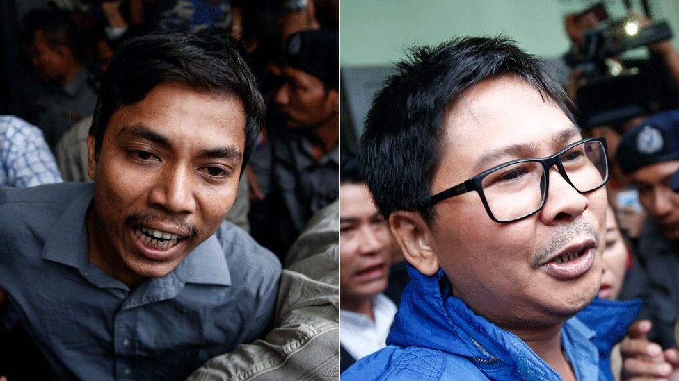 Reuters journalists Kyaw Soe Oo (left) and Wa Lone, detained in Myanmar, are remanded in custody for two more weeks facing charges of obtaining secret information, 27 December 2017