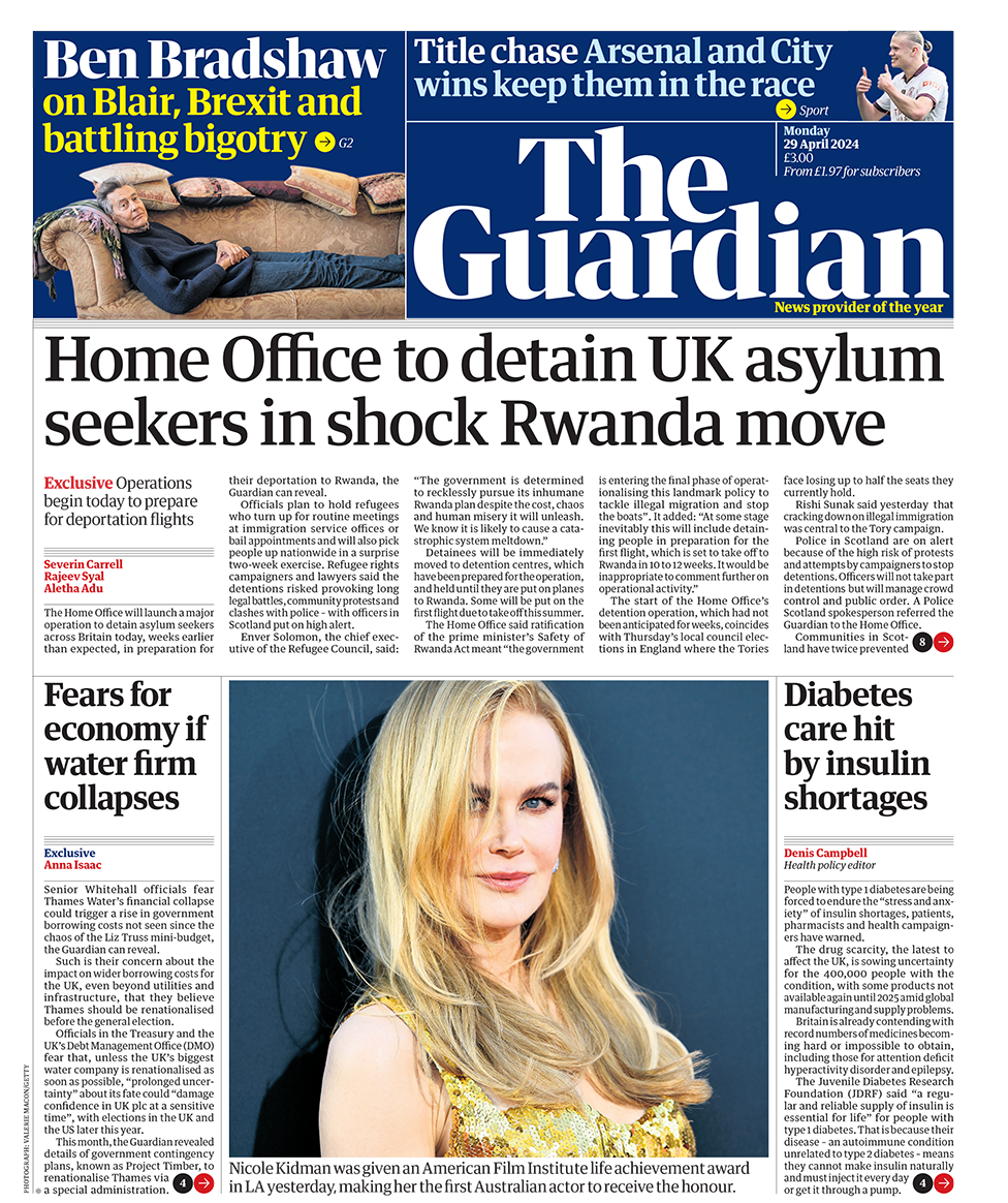 The headline in the Guardian reads: "Home Office to detain UK asylum seekers in shock Rwanda move".