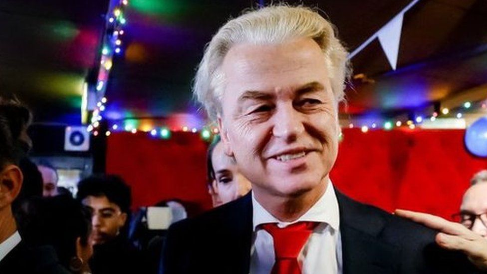 Geert Wilders smiling after results announced in Dutch election, 2023