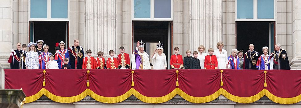 (left to right) Members of the royal family:The Duke of Edinburgh, the Earl of Wessex, Lady Louise Windsor, Vice Admiral Sir Tim Laurence, the Duchess of Edinburgh, Princess Charlotte, the Princess Royal (behind), the Princess of Wales, Prince Louis, the Prince of Wales, the King’s Pages of Honour Ralph Tollemache, Prince George, Oliver Cholmondeley, Nicholas Barclay, King Charles III and Queen Camilla, Queen’s Pages of Honour including Freddy Parker Bowles, Louis Lopes, Arthur Eliot and Gus Lopes, Lady in Attendance Annabel Eliot and Marchioness of Lansdowne, Princess Alexandra of Kent, the Duke of Kent, the Duchess of Gloucester and the Duke of Gloucester