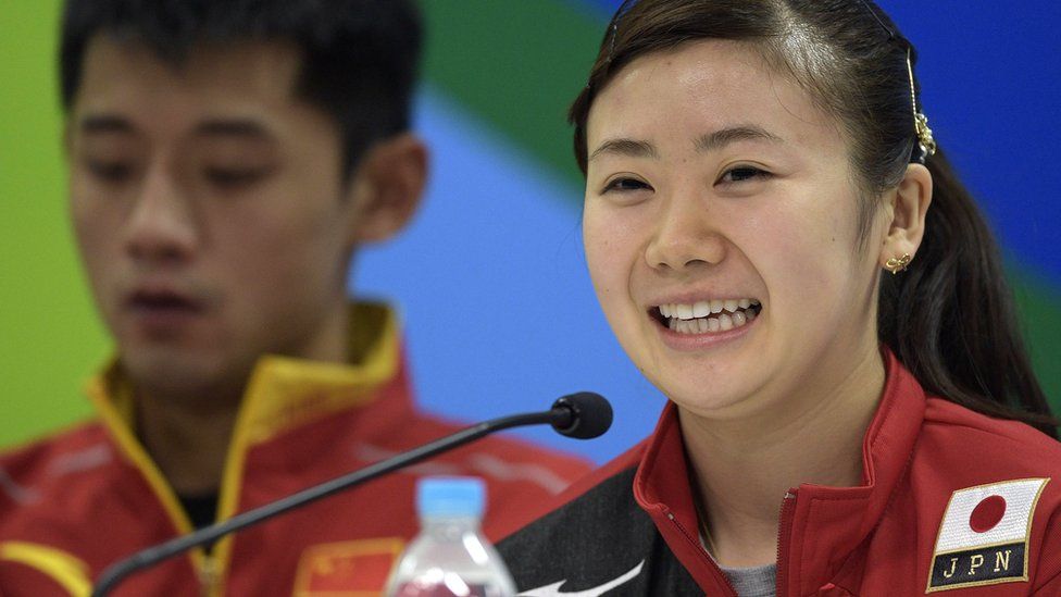 Ai Fukuhara (R) of Japan gives a press conference at Riocentro complex in Rio de Janeiro, on August 3, 2016