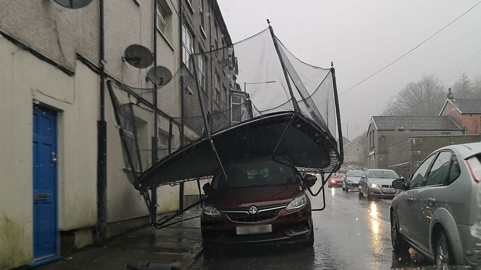 In Pentre a trampoline landed on a car in the gale force winds