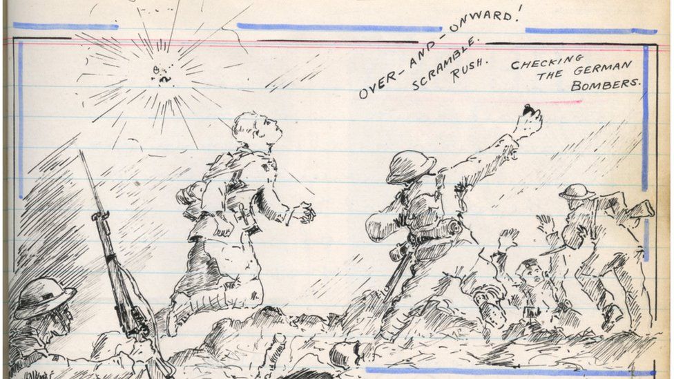 Jim Maultsaid's diaries include many comic-book style sketches of battle