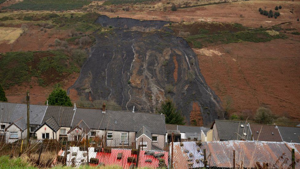 A general view of the scene of a landslide in the Rhondda valley on February 18, 2020, in Tylorstown, Wales.