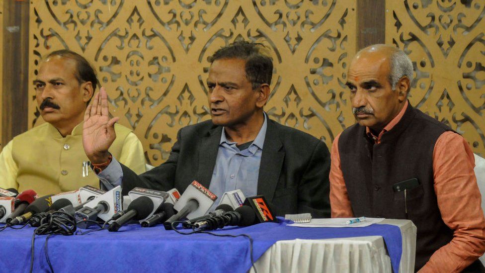 Pawan Kumar, state president, VHP Haryana ( C) District President Ajit Singh, and Devendra District Minister address a press conference about the burnt Bolero car was found in Barwas village under Loharu police station area of Haryana's Bhiwani at a Hotel in civil line on February 17, 2023 in Gurugram, India.