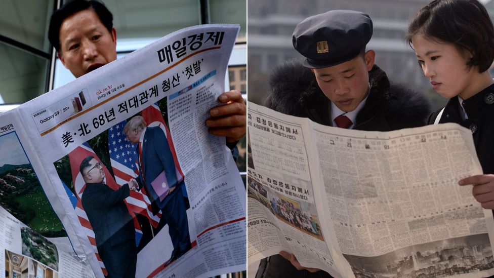 A man reads the Mae-il Gyeongj Sinmun newspaper in Seoul, while two people in Pyongyang read state-run Rodong Sinmun newspaper