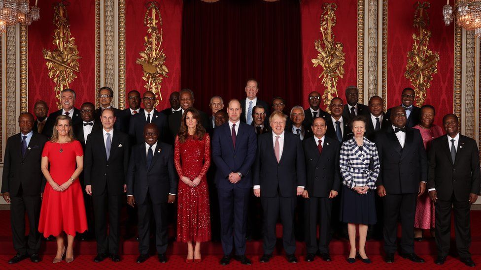 The Duke and Duchess of Cambridge, the Earl and Countess of Wessex and the Princess Royal pictured with world leaders, ministers and members of NGOs at Buckingham Palace