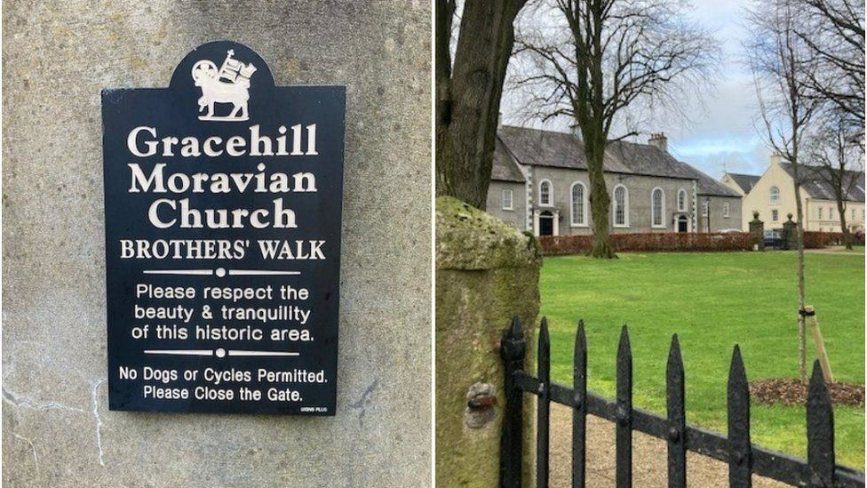 The Brothers' walk sign and the church side by side