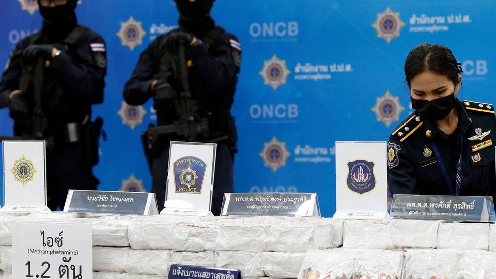 Crystal methamphetamine or ice is shown by authorities at a press conference in Thailand