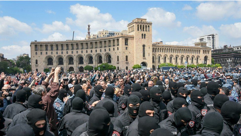 Police hold off protesters in Yerevan, 2 April