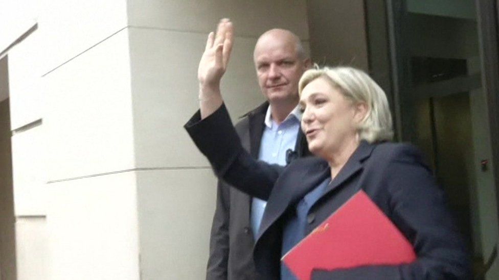 Marine Le Pen leaves RTL Radio HQ in Paris on Friday morning (5 May 2017)