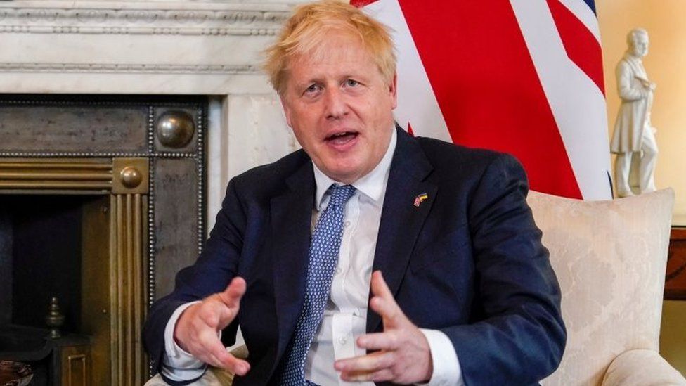 British Prime Minister Boris Johnson speaks as he meets with his Estonian counterpart in Downing Street, London