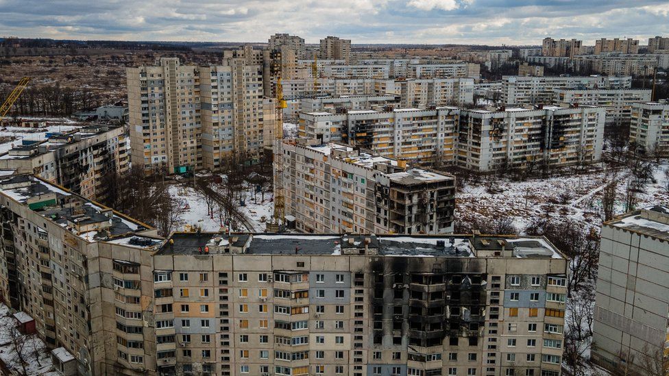 An aerial view of residential buildings damaged by shelling in Kharkiv on 20 February, 2023