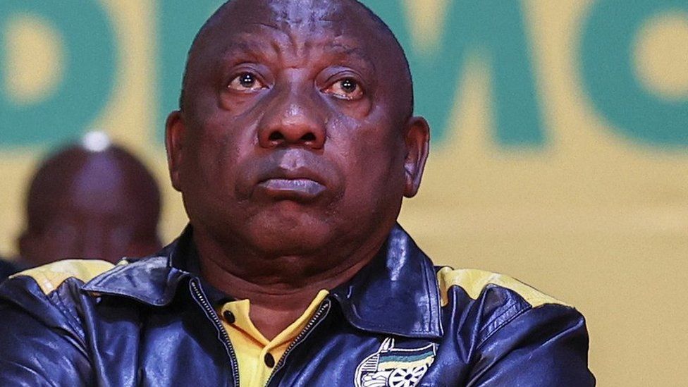 South Africa's President Cyril Ramaphosa looks on during the Africa natinal Congress (ANC) National Policy Conference at the National Recreation Center (Nasrec) in Johannesburg on July 29, 2022