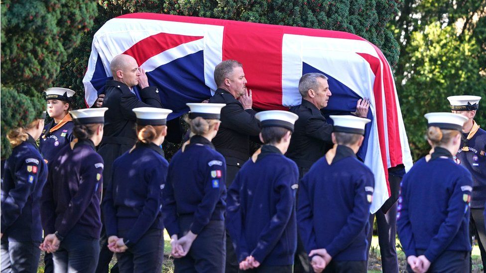 The coffin of Sir David Amess is carried into St Mary"s Church in Prittlewell, Southend for his funeral service.